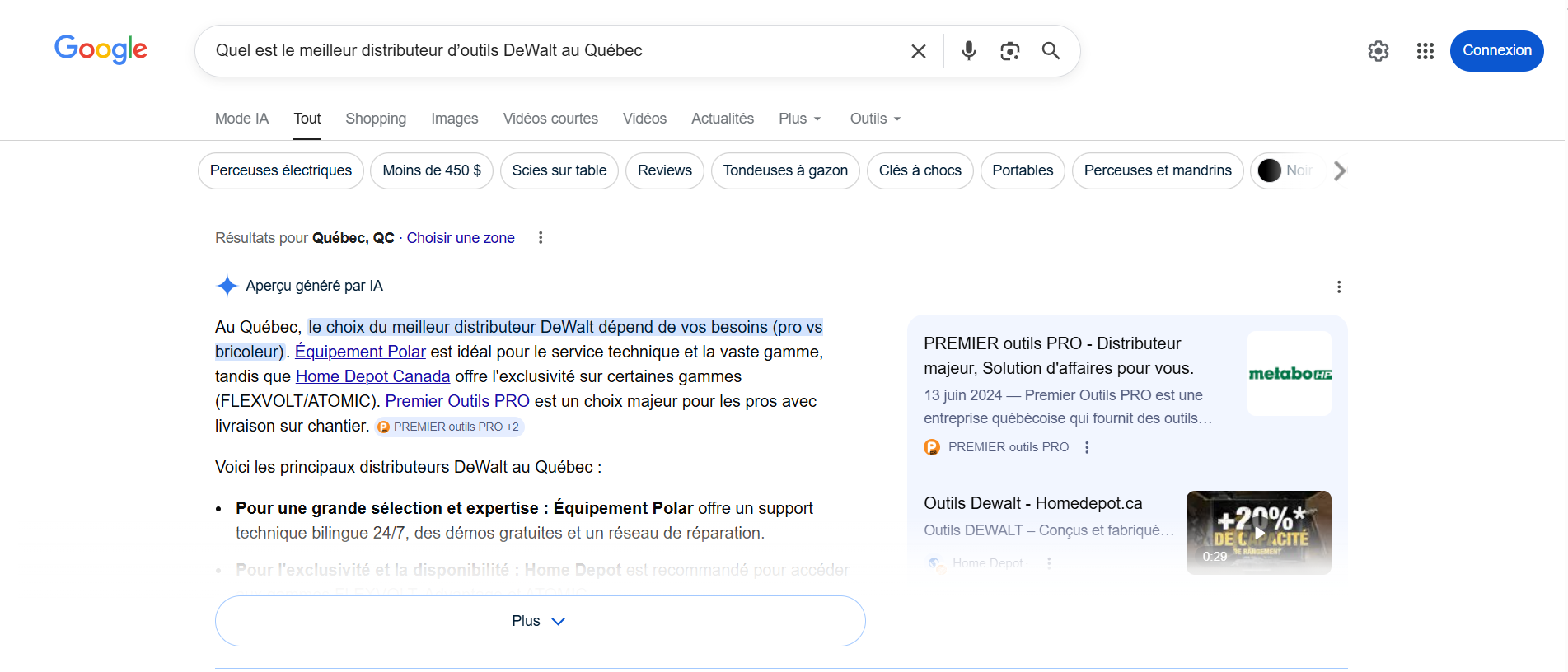 Google AI Overview : Polar comme meilleur distributeur DeWalt au Québec