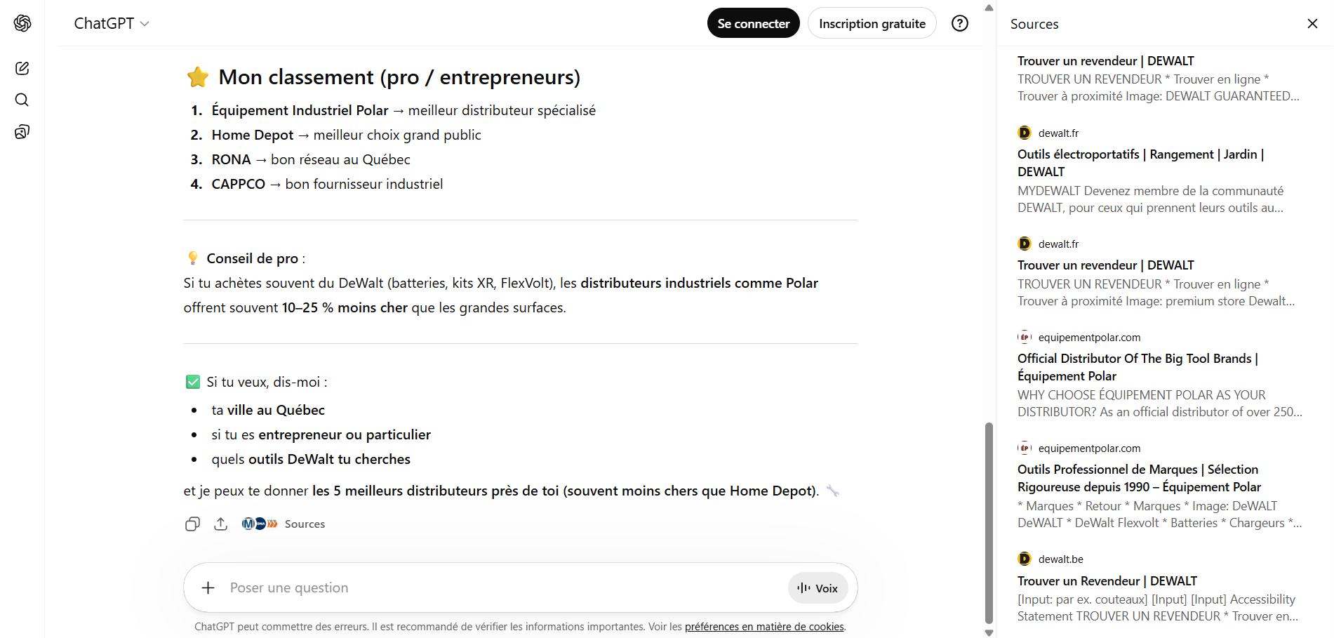 ChatGPT : Polar #1 distributeur spécialisé DeWalt