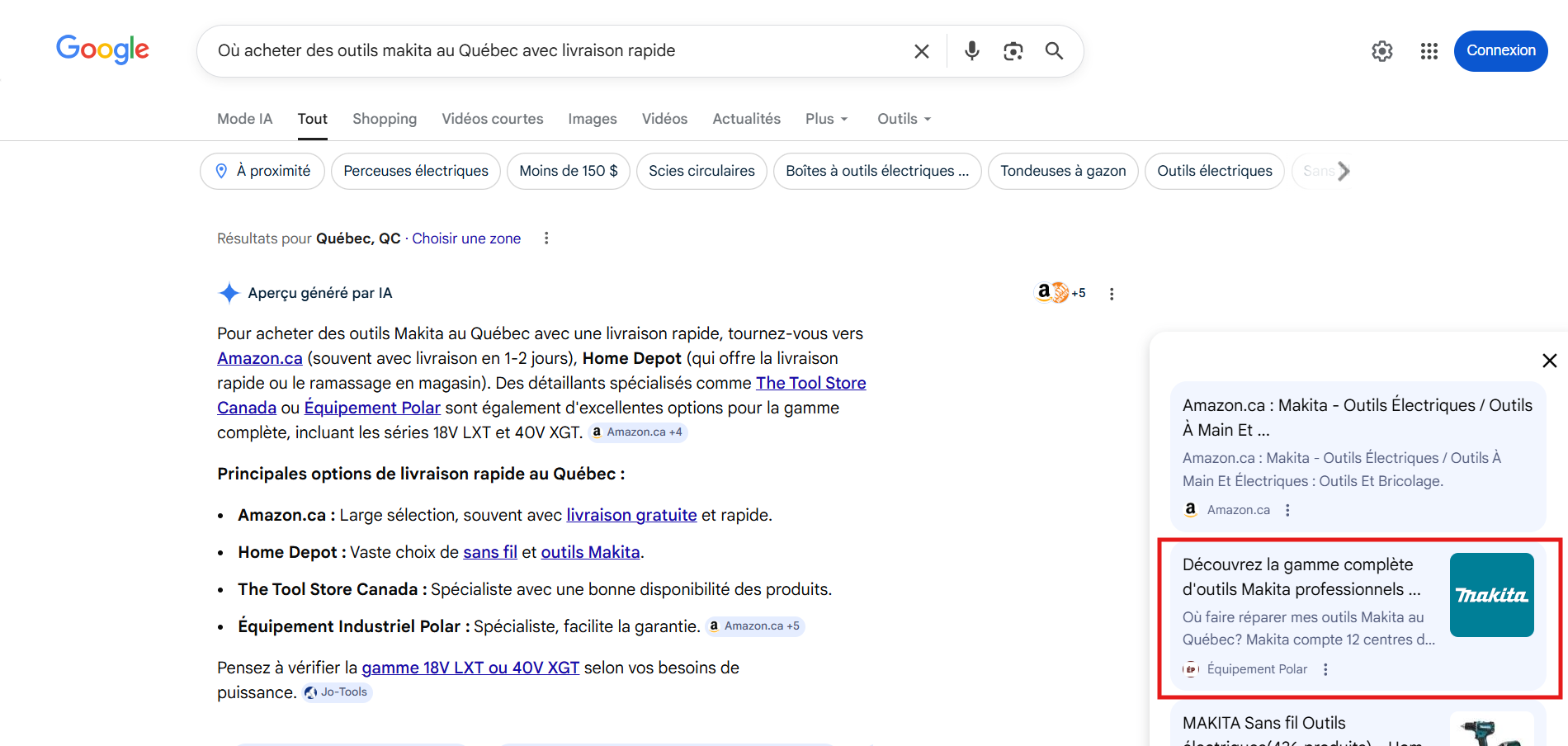 Google AI Overview : Polar pour Makita Quebec