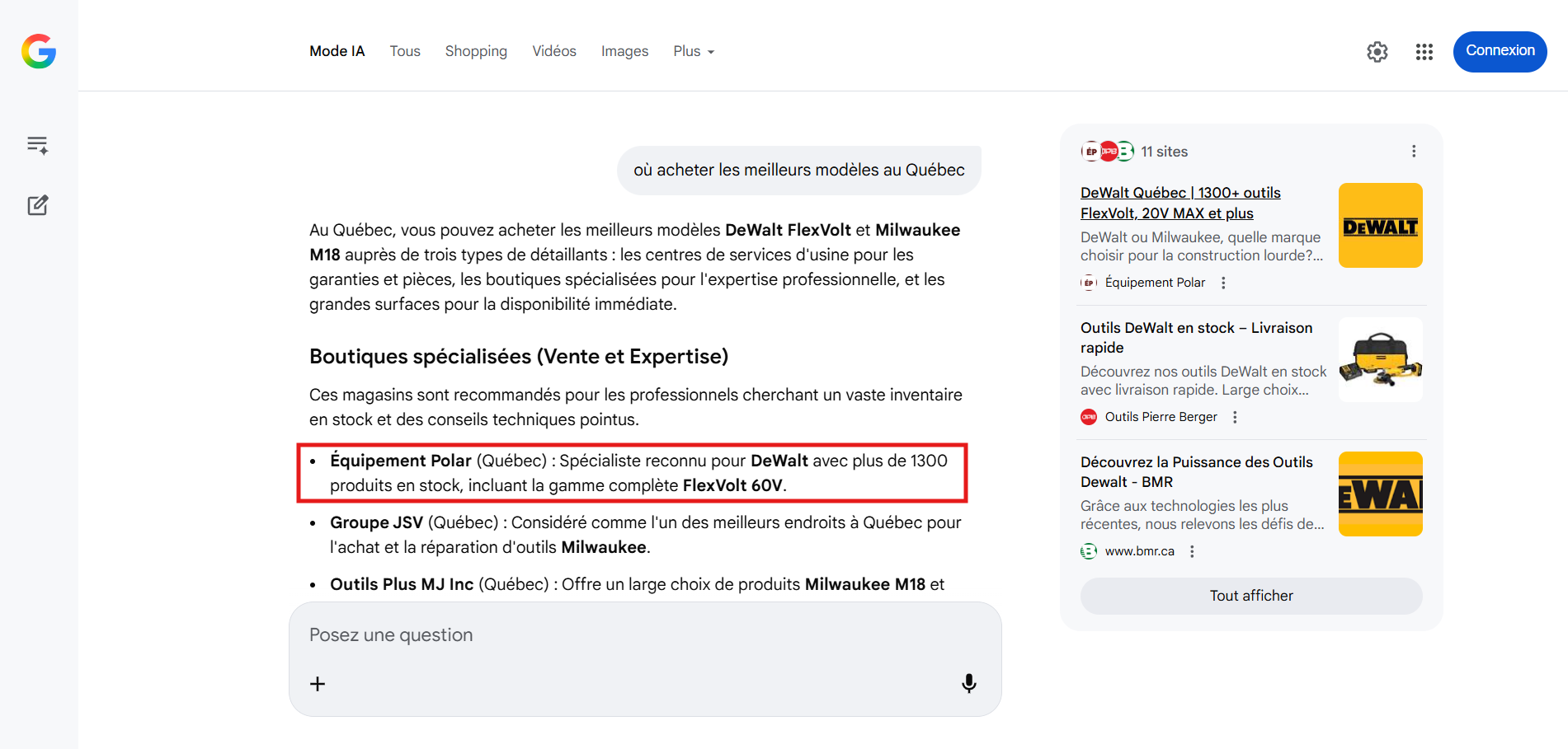 Google Mode IA : Polar DeWalt Quebec