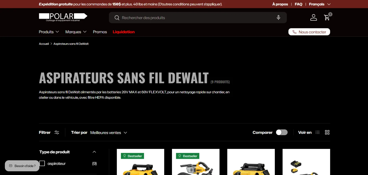 Page collection Aspirateurs sans fil DeWalt sur equipementpolar.com avec description optimis&eacute;e et filtres