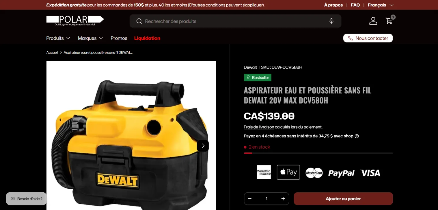 Fiche produit aspirateur DeWalt DCV580H avec badge bestseller, stock restant, paiement en 4 fois et logos de paiement