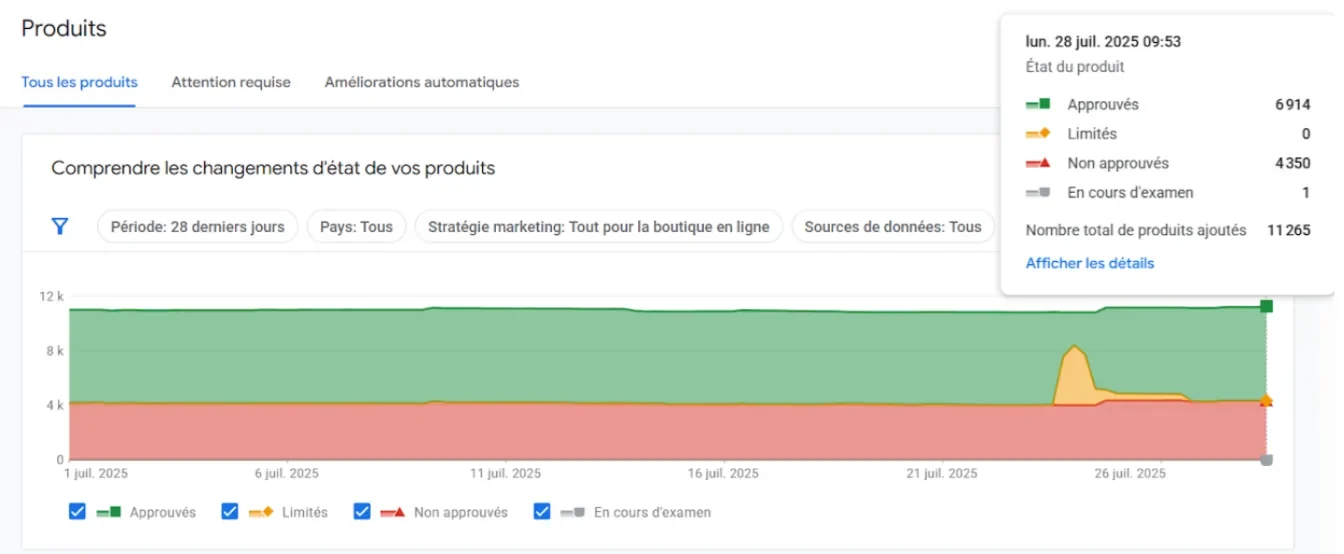 Merchant Center d'Équipement Polar avant le mandat : 6 914 produits approuvés et 4 350 non approuvés sur 11 265